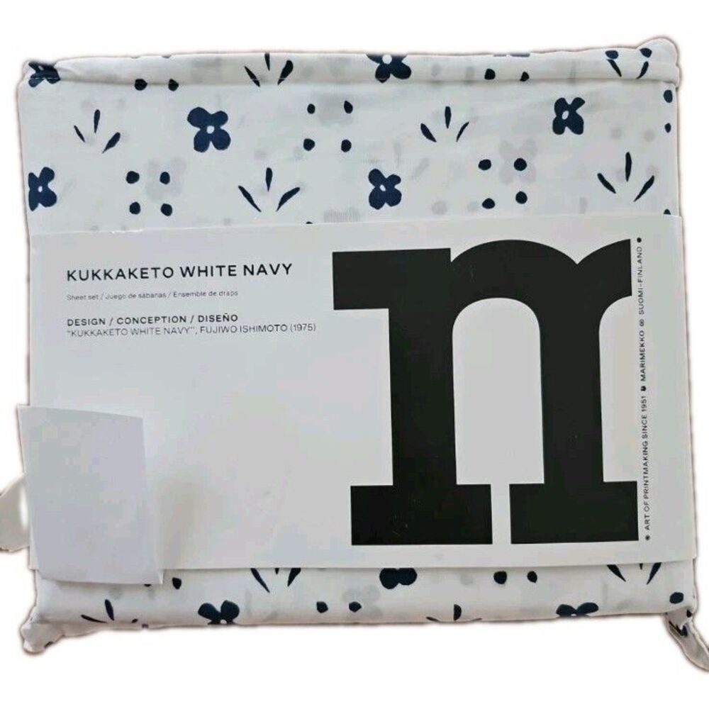 Marimekko Kukkaketo Cotton Floral Cottage White Navy 4pc Full Sheet Set New